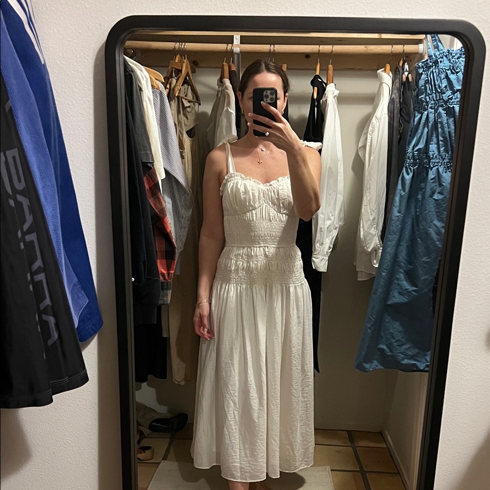 Women's White Midi Sundress with Smocked Bodice
